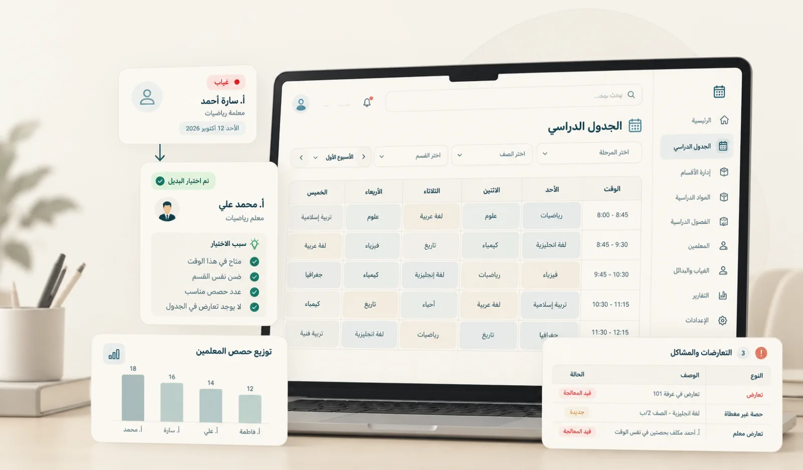 الجدول الدراسي على الشاشة، مع الغياب والمعلم البديل وحصص المعلمين والتعارضات